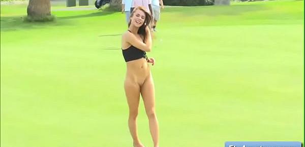  Sensual teen amateur Anyah run naked on the golf course and finger fuck her wet pussy deep